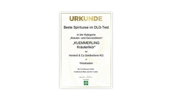 Ausgezeichnet:  Kuemmerling Kräuterlikör wird im DLG- Test als „Beste Spirituose in der Kategorie Kräuter- und Gewürzliköre“ gekürt